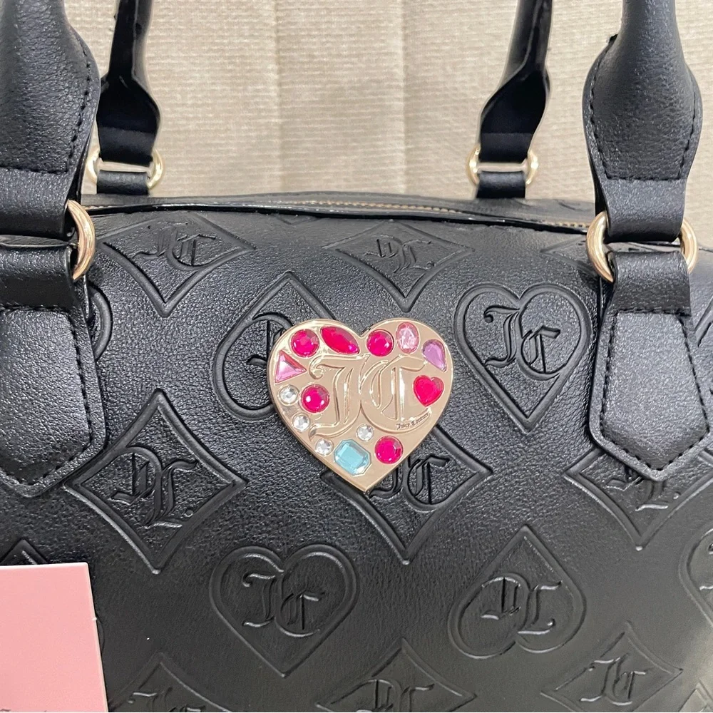 NEW Juicy Couture Black Embossed Monogram Heart Rhinestone Satchel Crossbody Bag